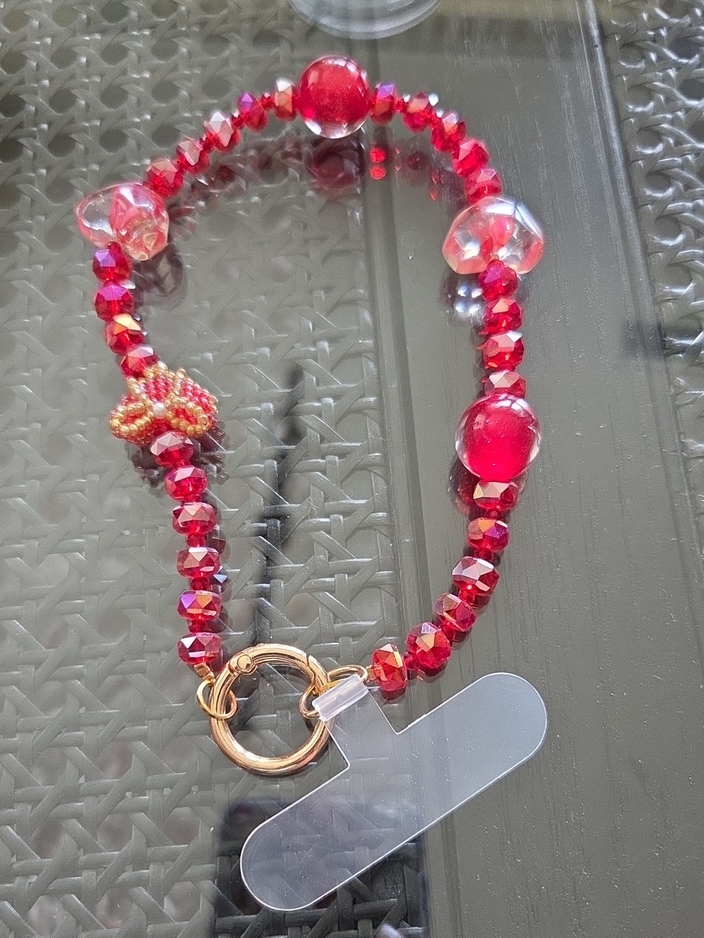Red Beaded Crystal Cell Phone Bracelet with Gold Toggle